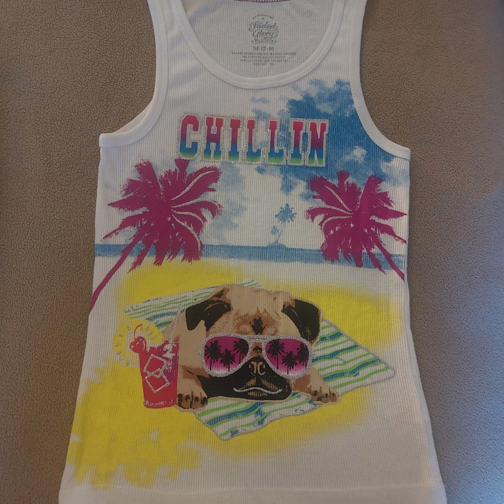 Girl's Faded Glory Tank White with Design Size M (7-8)